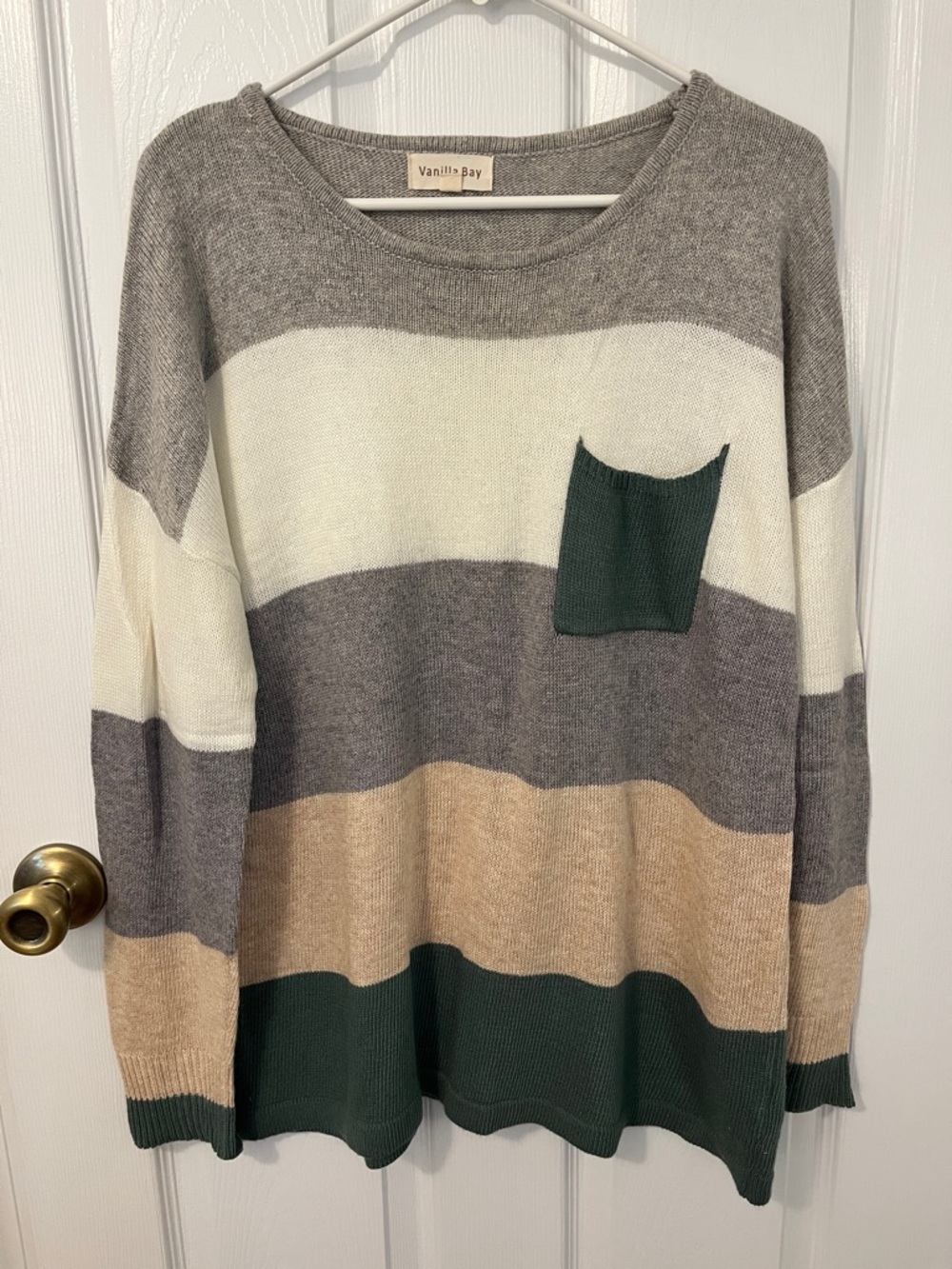 Vanilla Bay Striped Crewneck Sweater in Gray, Cream, Tan & Green
